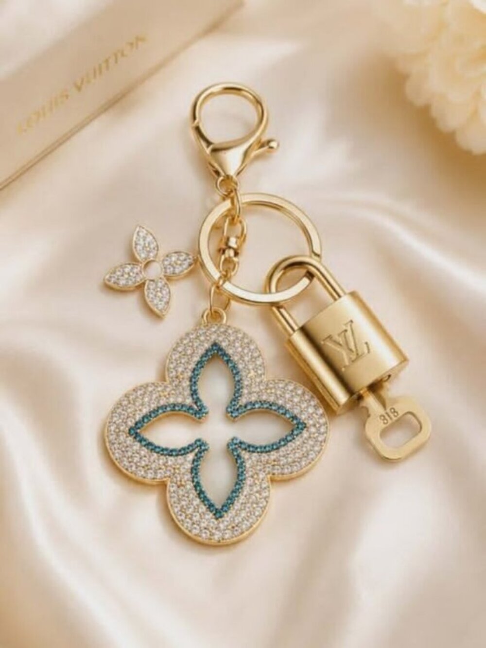 Authentic LV Gold Padlock & Key 🔑 Bag Charm / Unbranded Flower Keychain Combo
